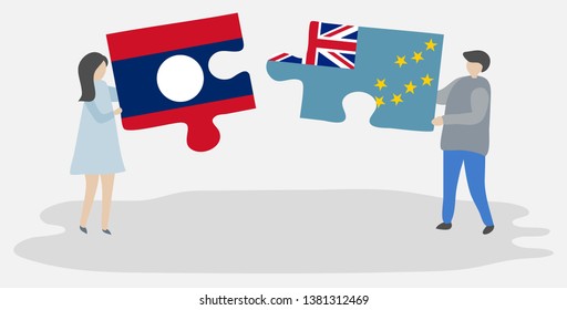 Couple holding two puzzles pieces with Lao and Tuvaluan flags. Laos and Tuvalu national symbols together.
