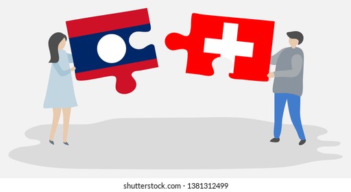 Couple holding two puzzles pieces with Lao and Swiss flags. Laos and Switzerland national symbols together.