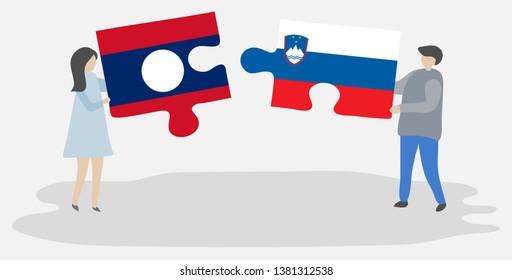 Couple holding two puzzles pieces with Lao and Slovenian flags. Laos and Slovenia national symbols together.