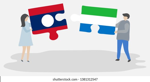 Couple holding two puzzles pieces with Lao and Sierra Leonean flags. Laos and Sierra Leone national symbols together.