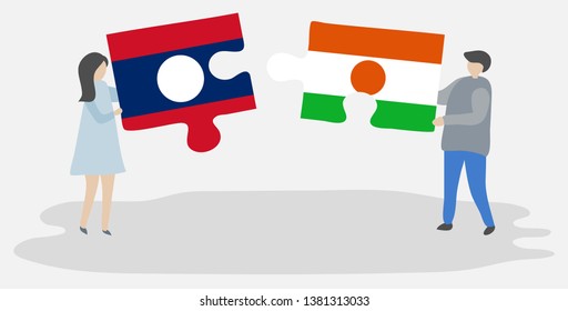 Couple holding two puzzles pieces with Lao and Nigerien flags. Laos and Niger national symbols together.
