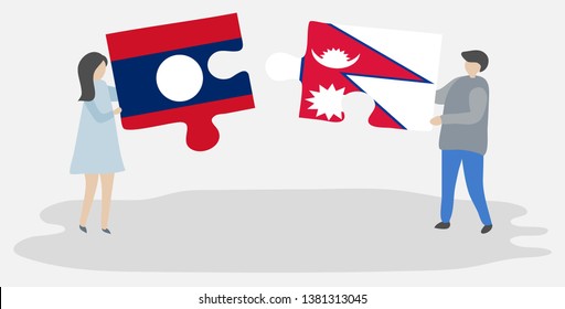 Couple holding two puzzles pieces with Lao and Nepalese flags. Laos and Nepal national symbols together.
