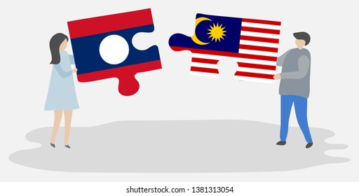 Couple holding two puzzles pieces with Lao and Malaysian flags. Laos and Malaysia national symbols together.