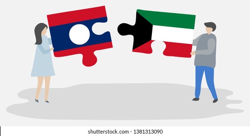 Couple holding two puzzles pieces with Lao and Kuwaiti flags. Laos and Kuwait national symbols together.