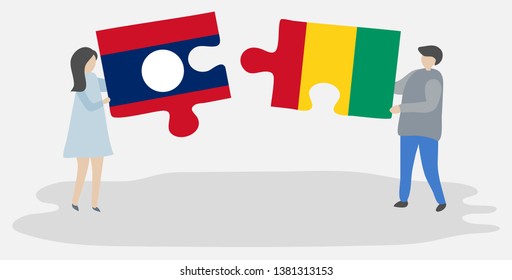 Couple holding two puzzles pieces with Lao and Guinean flags. Laos and Guinea national symbols together.