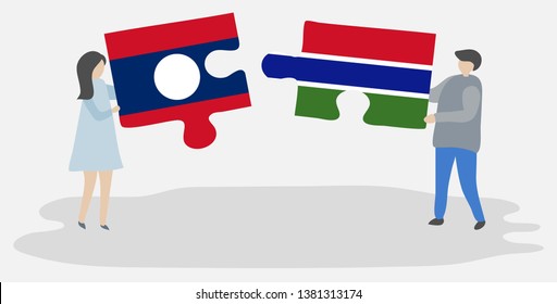 Couple holding two puzzles pieces with Lao and Gambian flags. Laos and Gambia national symbols together.
