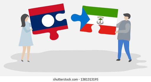 Couple holding two puzzles pieces with Lao and Equatorial Guinean flags. Laos and Equatorial Guinea national symbols together.