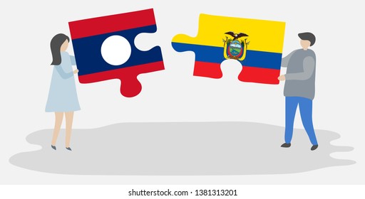 Couple holding two puzzles pieces with Lao and Ecuadorian flags. Laos and Ecuador national symbols together.