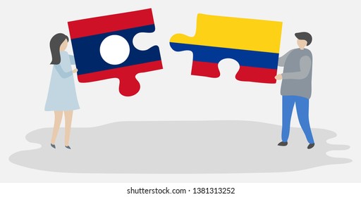 Couple holding two puzzles pieces with Lao and Colombian flags. Laos and Colombia national symbols together.