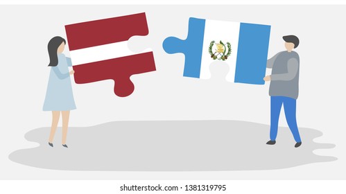 Couple holding two puzzles pieces with Latvian and Guatemalan flags. Latvia and Guatemala national symbols together.