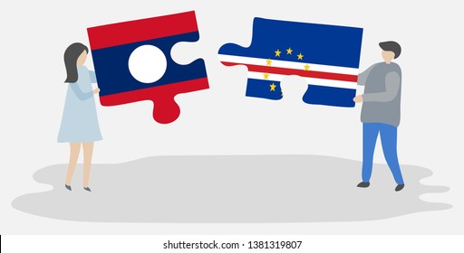 Couple holding two puzzles pieces with Lao and Cabo Verdean flags. Laos and Cape Verde national symbols together.