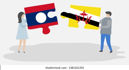 Couple holding two puzzles pieces with Lao and Bruneian flags. Laos and Brunei national symbols together.
