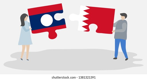 Couple holding two puzzles pieces with Lao and Bahraini flags. Laos and Bahrain national symbols together.