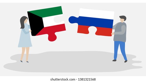 Couple holding two puzzles pieces with Kuwaiti and Russian flags. Kuwait and Russia national symbols together.