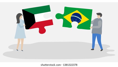 Couple holding two puzzles pieces with Kuwaiti and Brazilian flags. Kuwait and Brazil national symbols together.