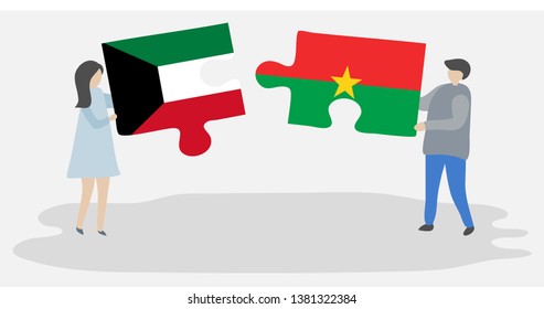 Couple holding two puzzles pieces with Kuwaiti and Burkinabe flags. Kuwait and Burkina Faso national symbols together.