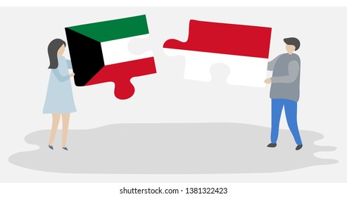 Couple holding two puzzles pieces with Kuwaiti and Monegasque flags. Kuwait and Monaco national symbols together.