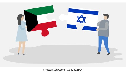 Couple holding two puzzles pieces with Kuwaiti and Israeli flags. Kuwait and Israel national symbols together.