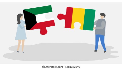Couple holding two puzzles pieces with Kuwaiti and Guinean flags. Kuwait and Guinea national symbols together.