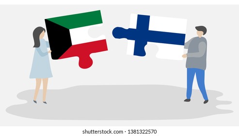 Couple holding two puzzles pieces with Kuwaiti and Finnish flags. Kuwait and Finland national symbols together.