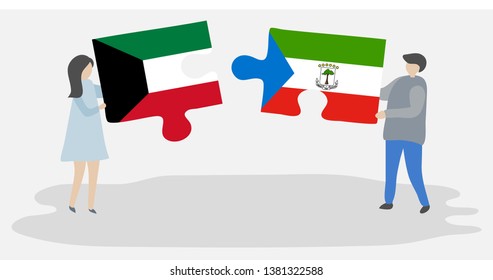 Couple holding two puzzles pieces with Kuwaiti and Equatorial Guinean flags. Kuwait and Equatorial Guinea national symbols together.