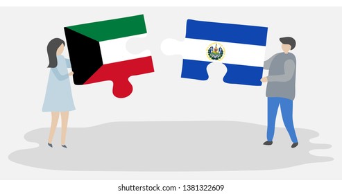 Couple holding two puzzles pieces with Kuwaiti and Salvadoran flags. Kuwait and El Salvador national symbols together.
