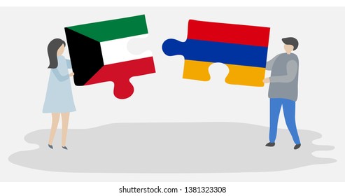 Couple holding two puzzles pieces with Kuwaiti and Armenian flags. Kuwait and Armenia national symbols together.