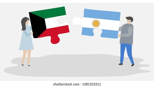 Couple holding two puzzles pieces with Kuwaiti and Argentine flags. Kuwait and Argentina national symbols together.