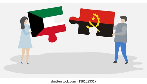 Couple holding two puzzles pieces with Kuwaiti and Angolan flags. Kuwait and Angola national symbols together.