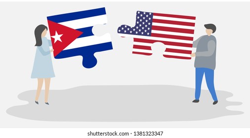 Couple holding two puzzles pieces with Cuban and American flags. Cuba and United States of America national symbols together.