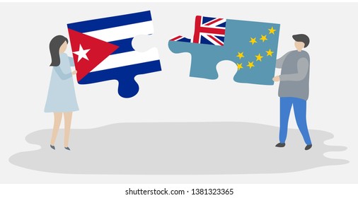 Couple holding two puzzles pieces with Cuban and Tuvaluan flags. Cuba and Tuvalu national symbols together.