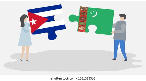 Couple holding two puzzles pieces with Cuban and Turkmen flags. Cuba and Turkmenistan national symbols together.