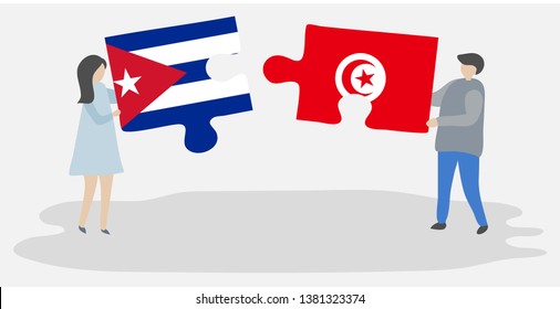 Couple holding two puzzles pieces with Cuban and Tunisian flags. Cuba and Tunisia national symbols together.
