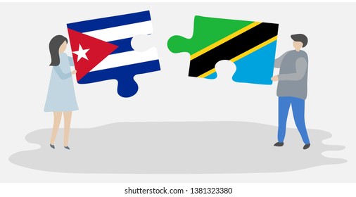 Couple holding two puzzles pieces with Cuban and Tanzanian flags. Cuba and Tanzania national symbols together.