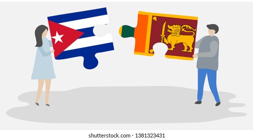Couple holding two puzzles pieces with Cuban and Sri Lankan flags. Cuba and Sri Lanka national symbols together.