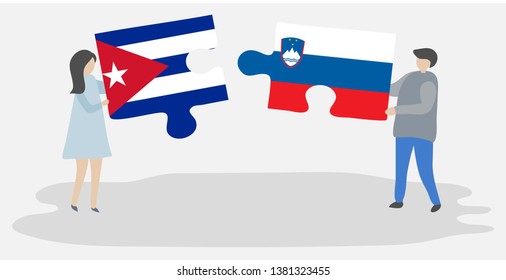 Couple holding two puzzles pieces with Cuban and Slovenian flags. Cuba and Slovenia national symbols together.