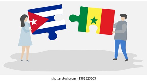 Couple holding two puzzles pieces with Cuban and Senegalese flags. Cuba and Senegal national symbols together.