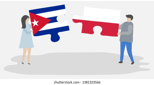 Couple holding two puzzles pieces with Cuban and Polish flags. Cuba and Poland national symbols together.