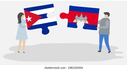 Couple holding two puzzles pieces with Cuban and Cambodian flags. Cuba and Cambodia national symbols together.