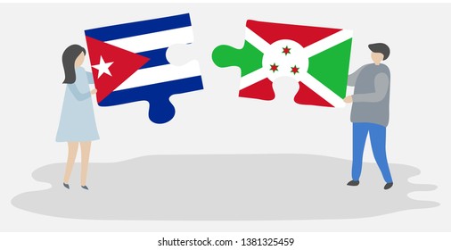 Couple holding two puzzles pieces with Cuban and Burundian flags. Cuba and Burundi national symbols together.