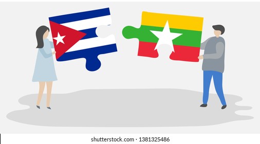 Couple holding two puzzles pieces with Cuban and Burmese flags. Cuba and Myanmar national symbols together.