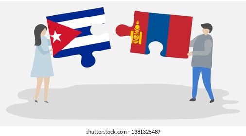 Couple holding two puzzles pieces with Cuban and Mongolian flags. Cuba and Mongolia national symbols together.