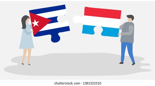 Couple holding two puzzles pieces with Cuban and Luxembourgish flags. Cuba and Luxembourg national symbols together.