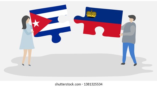 Couple holding two puzzles pieces with Cuban and Liechtenstein flags. Cuba and Liechtenstein national symbols together.