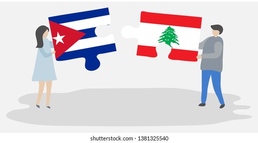 Couple holding two puzzles pieces with Cuban and Lebanese flags. Cuba and Lebanon national symbols together.