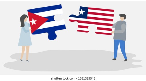 Couple holding two puzzles pieces with Cuban and Liberian flags. Cuba and Liberia national symbols together.