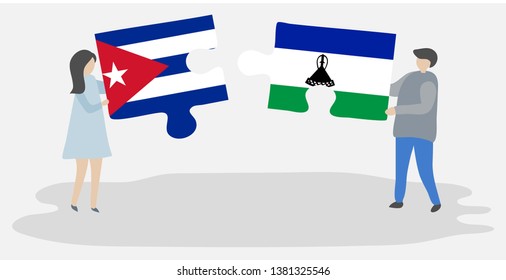 Couple holding two puzzles pieces with Cuban and Basotho flags. Cuba and Lesotho national symbols together.
