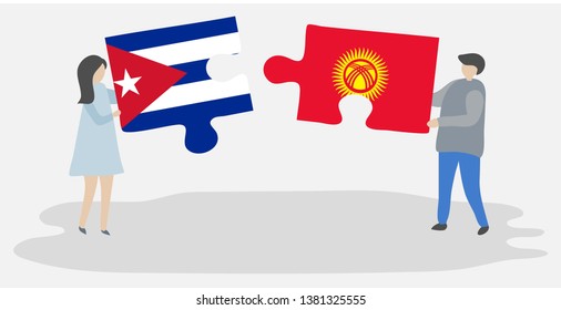 Couple holding two puzzles pieces with Cuban and Kirgiz flags. Cuba and Kyrgyzstan national symbols together.