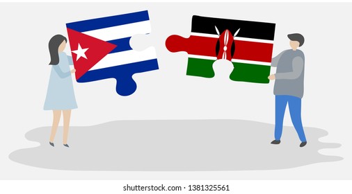 Couple holding two puzzles pieces with Cuban and Kenyan flags. Cuba and Kenya national symbols together.