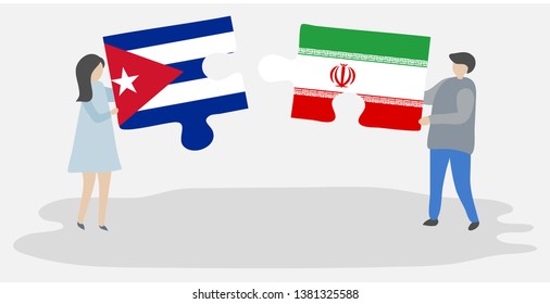 Couple holding two puzzles pieces with Cuban and Iranian flags. Cuba and Iran national symbols together.